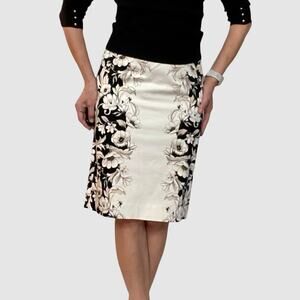 White House Black Market Y2K Floral Pencil Skirt White Black Tan Size 8